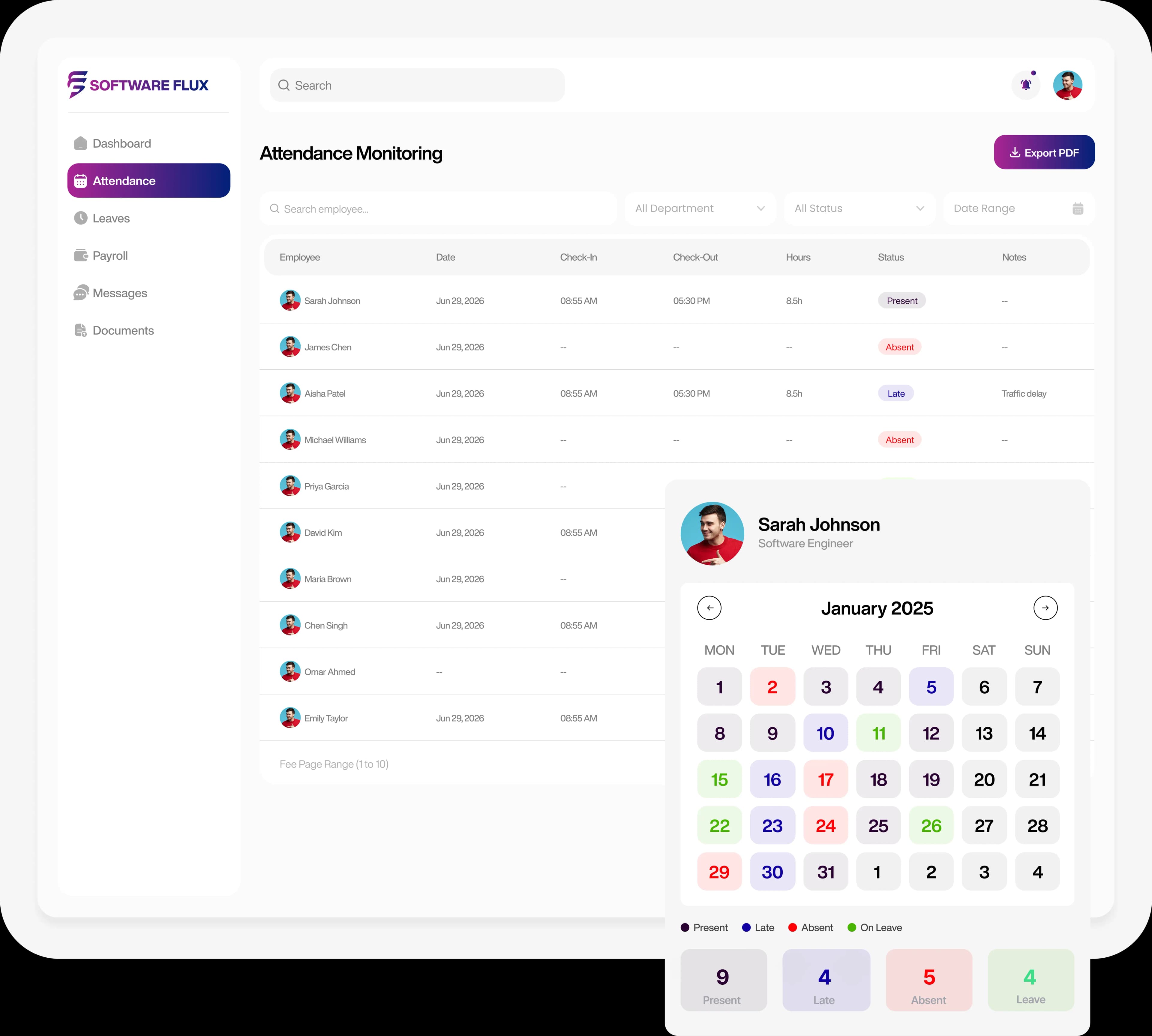 Sprintexa attendance and payroll screen